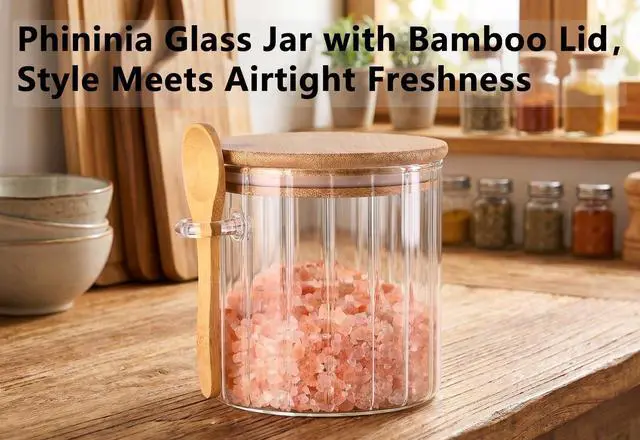 Alt view image 2 of 7 - 21oz Glass Jar, Salt Cellar with Bamboo Lid Spoon, Airtight Salt Container Holder for Countertop