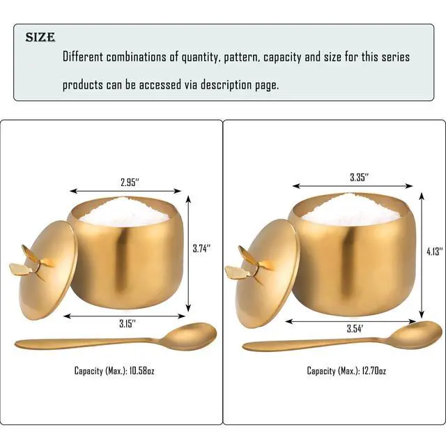 Alt view image 2 of 7 - 12oz Sugar Bowl with Lid and Spoon Stainless Steel Condiment Container for Kitchen Ghee Container Coffee Table Gold Spice Jars for Seasoning