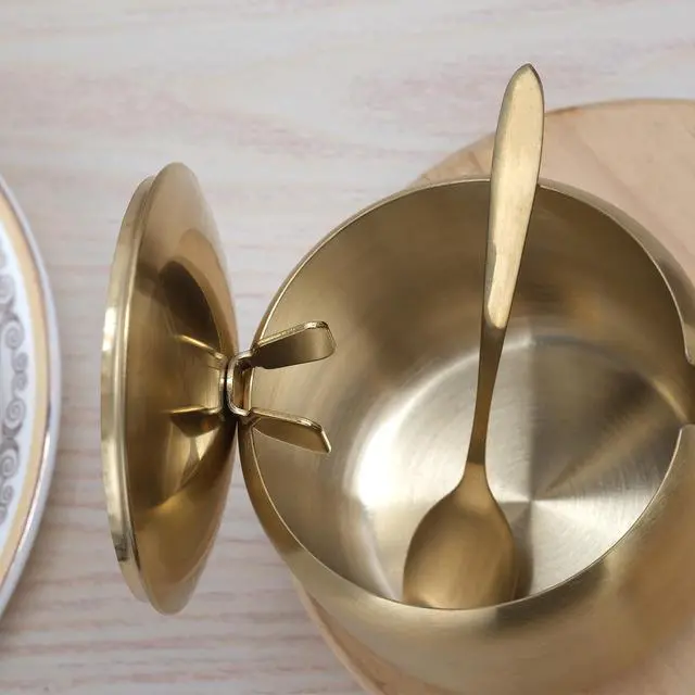 Alt view image 6 of 7 - 12oz Sugar Bowl with Lid and Spoon Stainless Steel Condiment Container for Kitchen Ghee Container Coffee Table Gold Spice Jars for Seasoning