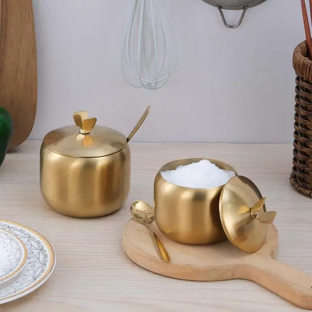 Alt view image 4 of 7 - 12oz Sugar Bowl with Lid and Spoon Stainless Steel Condiment Container for Kitchen Ghee Container Coffee Table Gold Spice Jars for Seasoning
