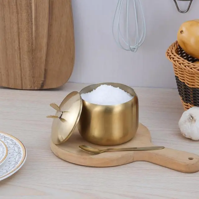 Alt view image 3 of 7 - 12oz Sugar Bowl with Lid and Spoon Stainless Steel Condiment Container for Kitchen Ghee Container Coffee Table Gold Spice Jars for Seasoning