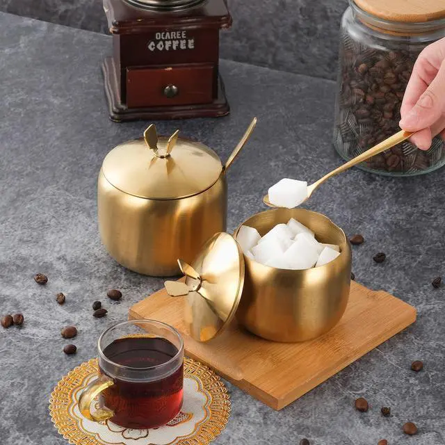 Alt view image 5 of 7 - 12oz Sugar Bowl with Lid and Spoon Stainless Steel Condiment Container for Kitchen Ghee Container Coffee Table Gold Spice Jars for Seasoning