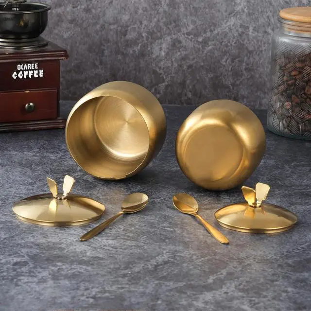Alt view image 7 of 7 - 12oz Sugar Bowl with Lid and Spoon Stainless Steel Condiment Container for Kitchen Ghee Container Coffee Table Gold Spice Jars for Seasoning
