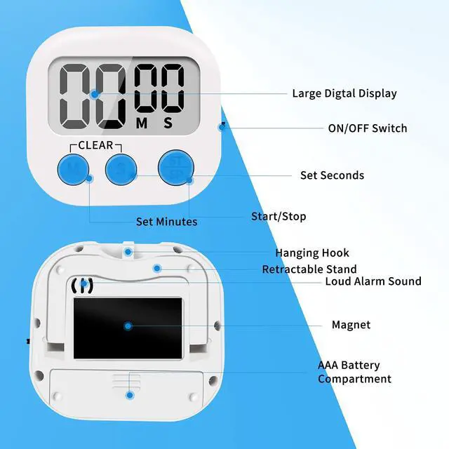 Alt view image 5 of 7 - 6 Pack Small Digital Kitchen Timer Magnetic Back and ON/Off Switch,Minute Second Count Up Countdown, White