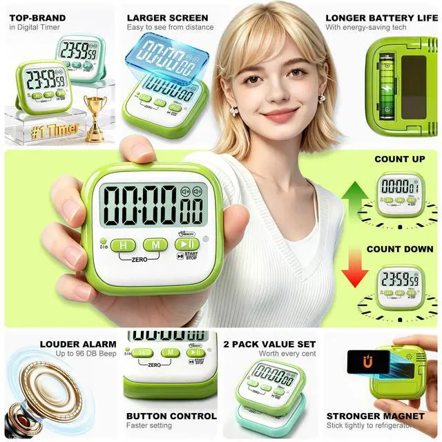 Alt view image 6 of 7 - 2 Pack Classroom Timers for Kids Teachers, Magnetic Countdown Digital Kitchen Timer for Cooking, Study, Exercise, Games, Time Mangement - Loud/Silent Mode - Battery Included