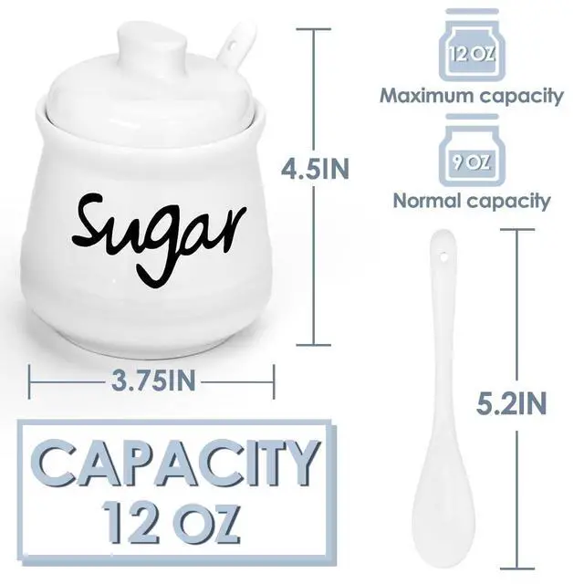 Alt view image 3 of 7 - Ceramic Sugar Bowl with Lid and Spoon, 12 Ounces Porcelain Sugar Jar Sugar Dispenser, Sugar Container for Home and Kitchen Decor (White)