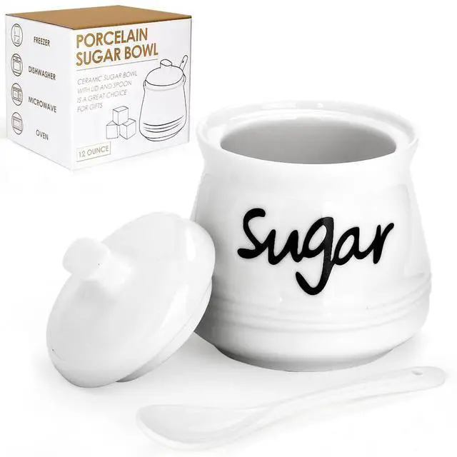 Main image of Ceramic Sugar Bowl with Lid and Spoon, 12 Ounces Porcelain Sugar Jar Sugar Dispenser, Sugar Container for Home and Kitchen Decor (White)