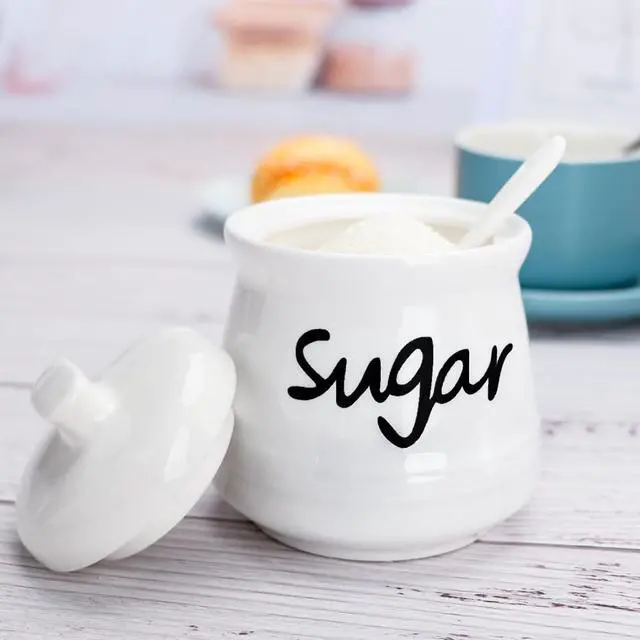 Alt view image 6 of 7 - Ceramic Sugar Bowl with Lid and Spoon, 12 Ounces Porcelain Sugar Jar Sugar Dispenser, Sugar Container for Home and Kitchen Decor (White)