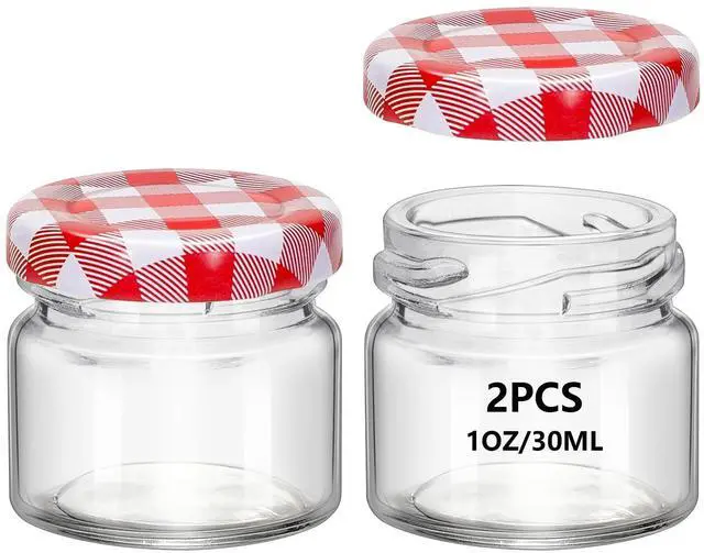 Main image of 2Pcs 1oz Small Glass Jars with Lids, Mini Honey Jars, Candle Jar for Candle Making for Gifts, Crafts, Spices, Wedding, Party Favors 30ML (2, Red grid lid, Mini)