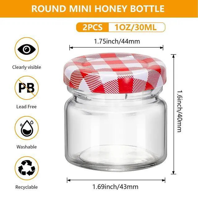 Alt view image 2 of 7 - 2Pcs 1oz Small Glass Jars with Lids, Mini Honey Jars, Candle Jar for Candle Making for Gifts, Crafts, Spices, Wedding, Party Favors 30ML (2, Red grid lid, Mini)