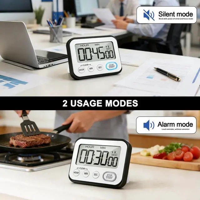 Alt view image 6 of 7 - Digital Kitchen Timer Magnetic Loud Alarm, Large LCD Screen Silent/Beeping Multi-Function for Teachers Classroom Kids, Black