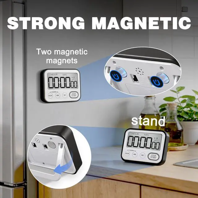 Alt view image 5 of 7 - Digital Kitchen Timer Magnetic Loud Alarm, Large LCD Screen Silent/Beeping Multi-Function for Teachers Classroom Kids, Black