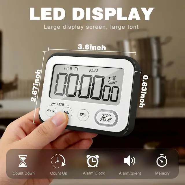 Alt view image 2 of 7 - Digital Kitchen Timer Magnetic Loud Alarm, Large LCD Screen Silent/Beeping Multi-Function for Teachers Classroom Kids, Black