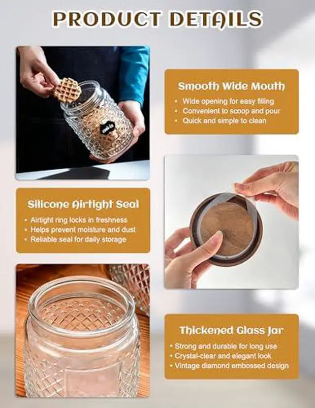 Alt view image 3 of 7 - Glass Jar with Wood Lid and Label - 12 OZ Small Airtight Storage Container for Kitchen Pantry Bathroom Countertop, Decorative Vintage Canister for Candy, Treat, Sugar, Coffee, Tea, Salt, Snack, Nuts