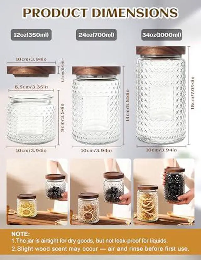 Alt view image 2 of 7 - Glass Jar with Wood Lid and Label - 12 OZ Small Airtight Storage Container for Kitchen Pantry Bathroom Countertop, Decorative Vintage Canister for Candy, Treat, Sugar, Coffee, Tea, Salt, Snack, Nuts