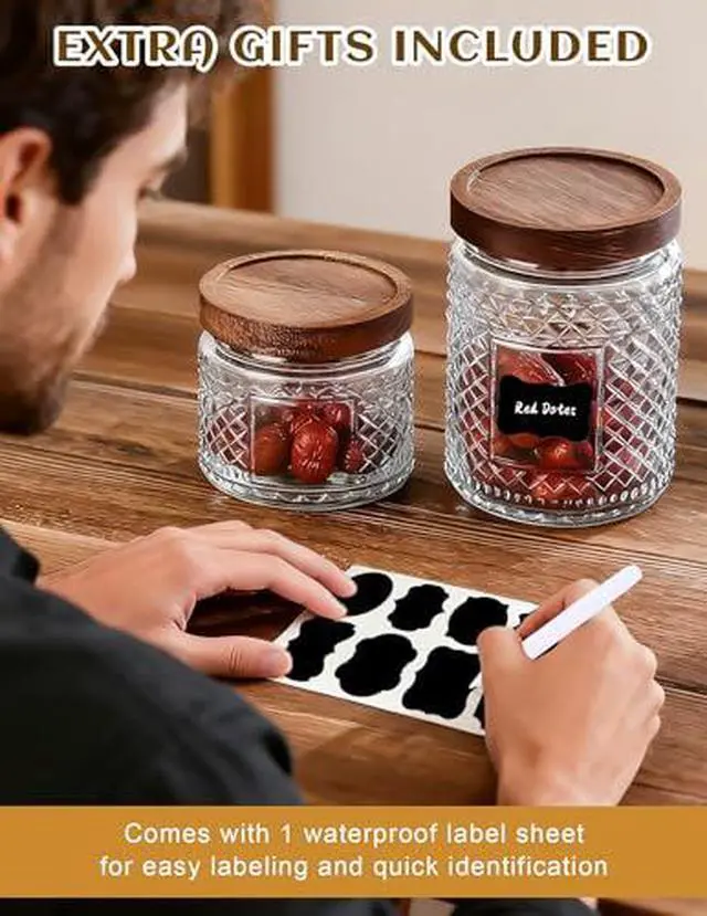 Alt view image 4 of 7 - Glass Jar with Wood Lid and Label - 12 OZ Small Airtight Storage Container for Kitchen Pantry Bathroom Countertop, Decorative Vintage Canister for Candy, Treat, Sugar, Coffee, Tea, Salt, Snack, Nuts