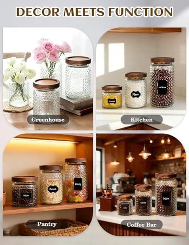 Alt view image 6 of 7 - Glass Jar with Wood Lid and Label - 12 OZ Small Airtight Storage Container for Kitchen Pantry Bathroom Countertop, Decorative Vintage Canister for Candy, Treat, Sugar, Coffee, Tea, Salt, Snack, Nuts