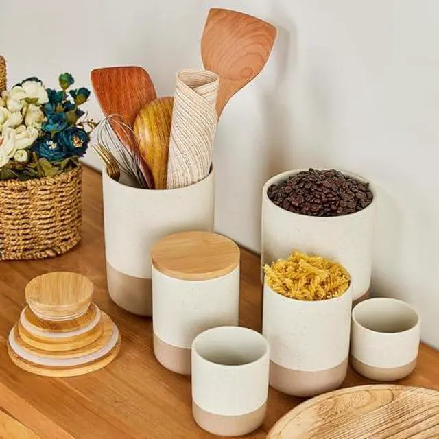 Alt view image 7 of 7 - Kitchen Canister for Counter, Ceramic Food Storage Containers with Lids | 20 OZ Ceramic Food Storage Jars with Airtight Wood Lidsc,Countertop & Pantry Organization for Flour, Sugar, Coffee, Tea