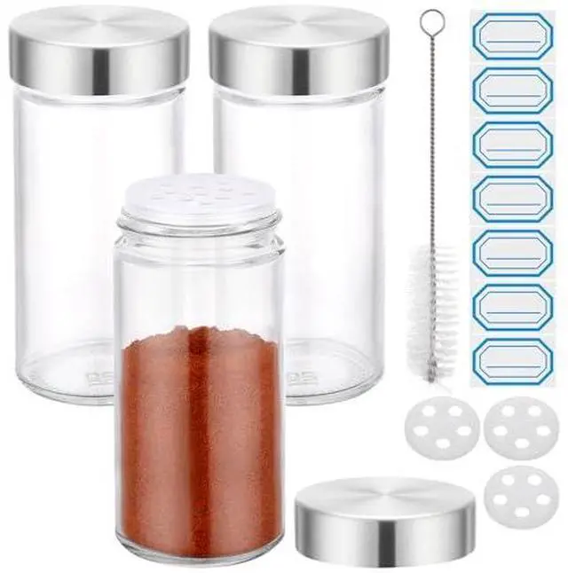 Main image of 3oz Spice Jar with Stainless Steel Shaker Lids, 3 Pack 90ml Round Spices Jars for Salt and Pepper Storage, Small Glass Seasoning Container Set, Empty Spice Shakers with 7 Stickers and 1 Brush