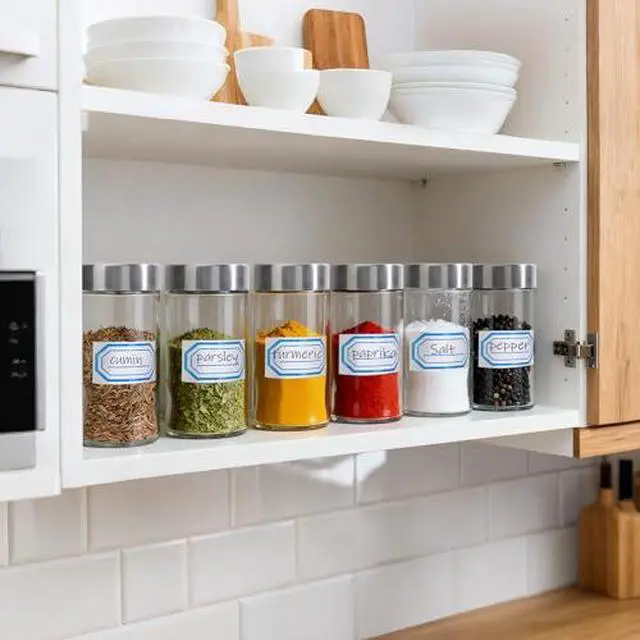 Alt view image 6 of 7 - 3oz Spice Jar with Stainless Steel Shaker Lids, 3 Pack 90ml Round Spices Jars for Salt and Pepper Storage, Small Glass Seasoning Container Set, Empty Spice Shakers with 7 Stickers and 1 Brush