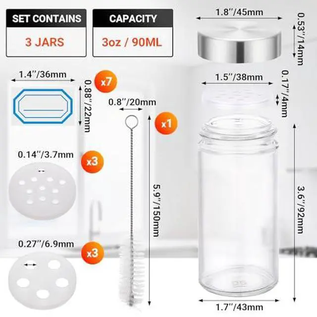 Alt view image 2 of 7 - 3oz Spice Jar with Stainless Steel Shaker Lids, 3 Pack 90ml Round Spices Jars for Salt and Pepper Storage, Small Glass Seasoning Container Set, Empty Spice Shakers with 7 Stickers and 1 Brush