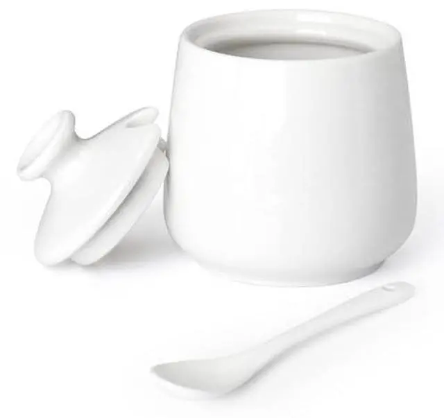Main image of Ceramic Sugar Bowl with Lid and Spoon, Porcelain Salt Storage Jar, White Seasoning Container for Home and Kitchen, 9 Ounces (White)
