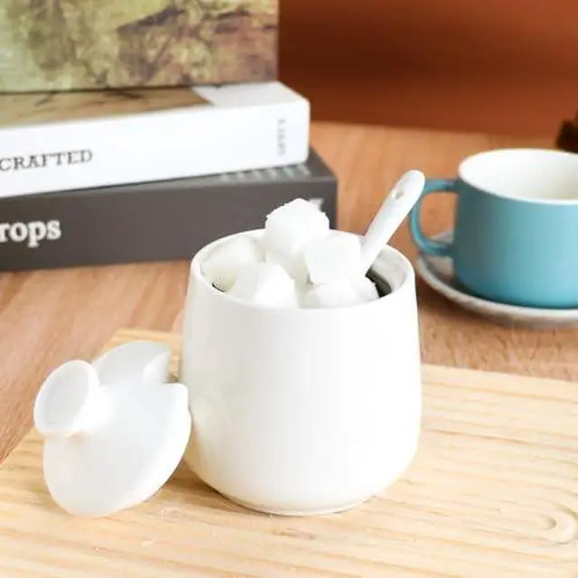 Alt view image 6 of 7 - Ceramic Sugar Bowl with Lid and Spoon, Porcelain Salt Storage Jar, White Seasoning Container for Home and Kitchen, 9 Ounces (White)