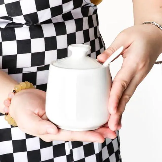 Alt view image 3 of 7 - Ceramic Sugar Bowl with Lid and Spoon, Porcelain Salt Storage Jar, White Seasoning Container for Home and Kitchen, 9 Ounces (White)