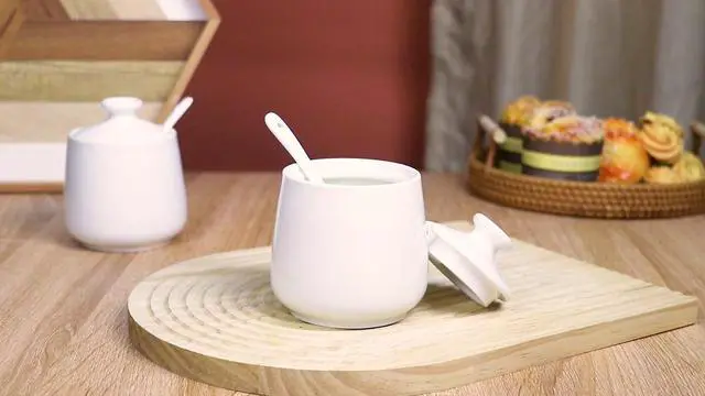 Alt view image 7 of 7 - Ceramic Sugar Bowl with Lid and Spoon, Porcelain Salt Storage Jar, White Seasoning Container for Home and Kitchen, 9 Ounces (White)