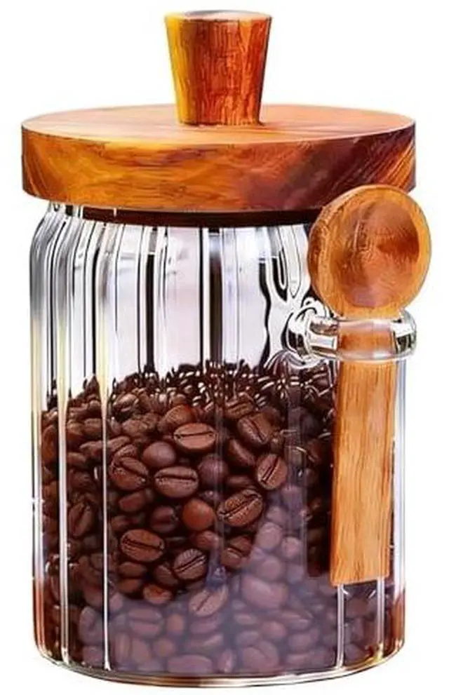 Main image of Glass Jar with Wooden Lid and Spoon, 20.3 Oz Airtight Storage Container, Coffee Canister for Coffee Grounds Beans Sugar Leaf Tea and More