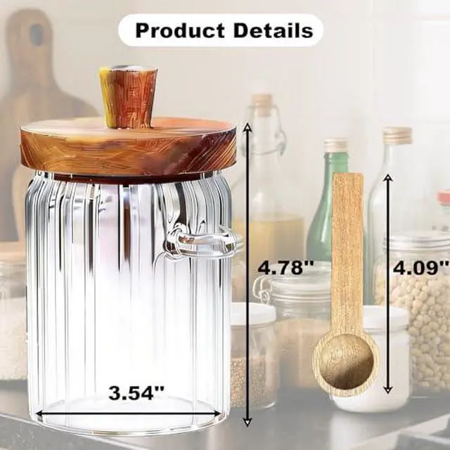 Alt view image 2 of 6 - Glass Jar with Wooden Lid and Spoon, 20.3 Oz Airtight Storage Container, Coffee Canister for Coffee Grounds Beans Sugar Leaf Tea and More