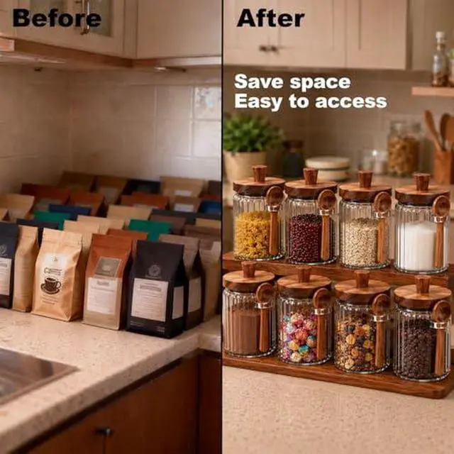 Alt view image 4 of 6 - Glass Jar with Wooden Lid and Spoon, 20.3 Oz Airtight Storage Container, Coffee Canister for Coffee Grounds Beans Sugar Leaf Tea and More