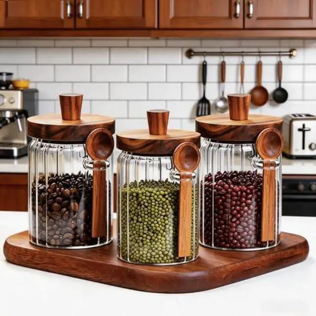 Alt view image 6 of 6 - Glass Jar with Wooden Lid and Spoon, 20.3 Oz Airtight Storage Container, Coffee Canister for Coffee Grounds Beans Sugar Leaf Tea and More