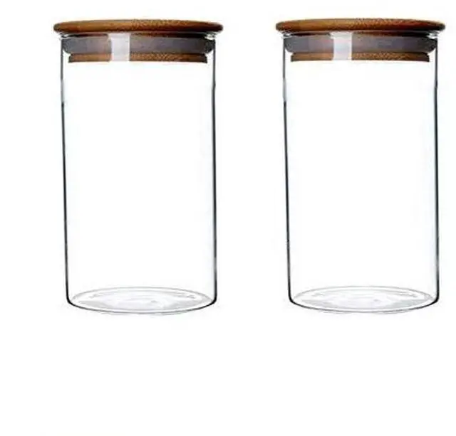 Main image of 2 Pcs Clear Glass Canister Food Storage Jar With Airtight Wood Lids for Coffee Bean Loose Leaf Tea Containers Sugar Cookies Dry Fruit Nuts Candy Jars size 300ML/10.1z