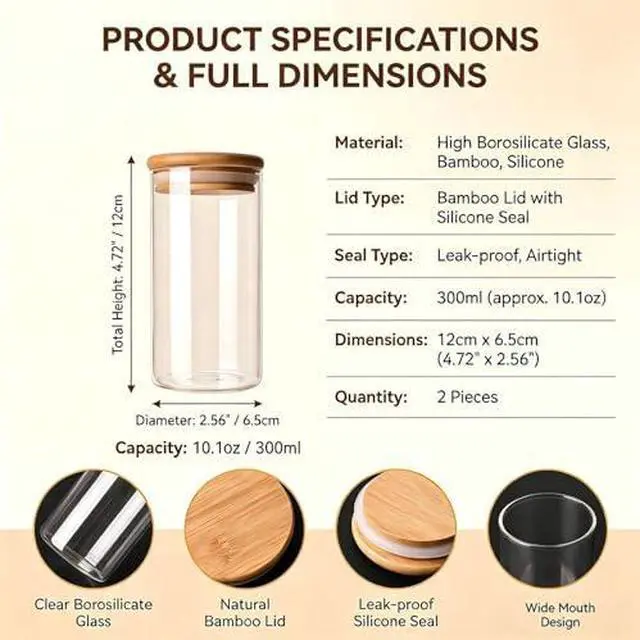 Alt view image 2 of 7 - 2 Pcs Clear Glass Canister Food Storage Jar With Airtight Wood Lids for Coffee Bean Loose Leaf Tea Containers Sugar Cookies Dry Fruit Nuts Candy Jars size 300ML/10.1z