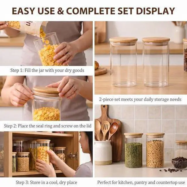 Alt view image 6 of 7 - 2 Pcs Clear Glass Canister Food Storage Jar With Airtight Wood Lids for Coffee Bean Loose Leaf Tea Containers Sugar Cookies Dry Fruit Nuts Candy Jars size 300ML/10.1z