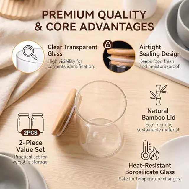 Alt view image 4 of 7 - 2 Pcs Clear Glass Canister Food Storage Jar With Airtight Wood Lids for Coffee Bean Loose Leaf Tea Containers Sugar Cookies Dry Fruit Nuts Candy Jars size 300ML/10.1z