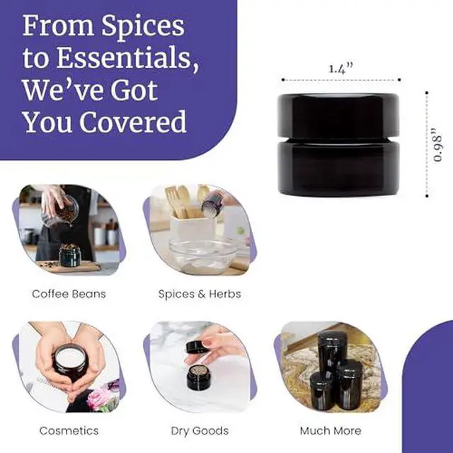 Alt view image 3 of 7 - Classic Black Glass Jar 5 ml (0.17 fl oz) Ultraviolet Airtight Smell Proof, Refillable Container, Screw top Jar for Long term storage Coffee, Spices, Tea, Dried Goods for Kitchen