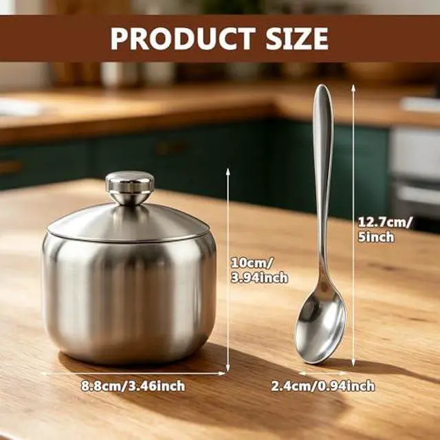 Alt view image 2 of 7 - 15oz Sugar Bowl with Lid And Spoon,Stainless Steel Sugar Creamer Container | Round Sugar Jar,Durable Sugars Holder Jar for Coffee Bar Accessories,Coffee Bar Decor,Home and Kitchen Storage,Silver