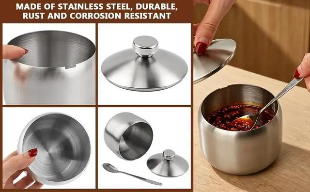 Alt view image 3 of 7 - 15oz Sugar Bowl with Lid And Spoon,Stainless Steel Sugar Creamer Container | Round Sugar Jar,Durable Sugars Holder Jar for Coffee Bar Accessories,Coffee Bar Decor,Home and Kitchen Storage,Silver