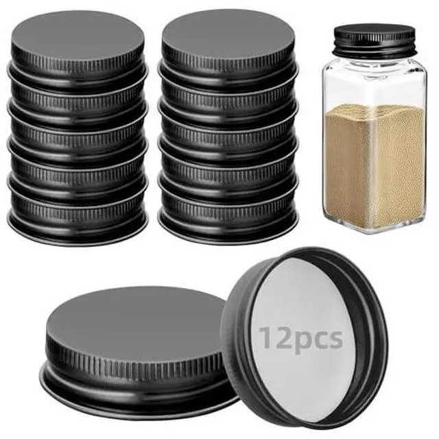 Main image of 12Pcs Black iron Lids Lids for 4 oz and 6 oz Square Spice Jars Reusable Can Wooden Airtight Spice Storage Canning Lids for Nice Sealing Kitchen (12)