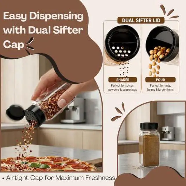 Alt view image 4 of 7 - 4 oz Glass Spice Jar with Dual Sifter Cap | Small Clear Glass Jar with Lid for Spices, Herbs, Salt, Pepper & Seasoning Storage | Food Grade BPA Free, USA Made