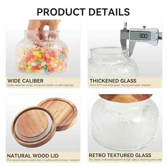 Alt view image 6 of 7 - 25 Oz Glass Candy Jar with Wooden Lid - Vintage Airtight Food Storage Container for Kitchen Pantry Office Decor, Clear Cookies Canister Organize Coffee Sugar Tea Spice Nuts Snacks