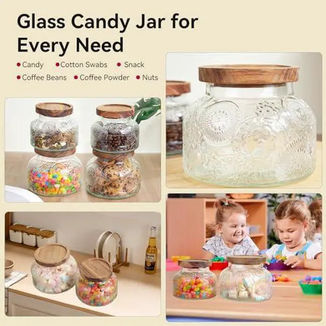 Alt view image 5 of 7 - 25 Oz Glass Candy Jar with Wooden Lid - Vintage Airtight Food Storage Container for Kitchen Pantry Office Decor, Clear Cookies Canister Organize Coffee Sugar Tea Spice Nuts Snacks