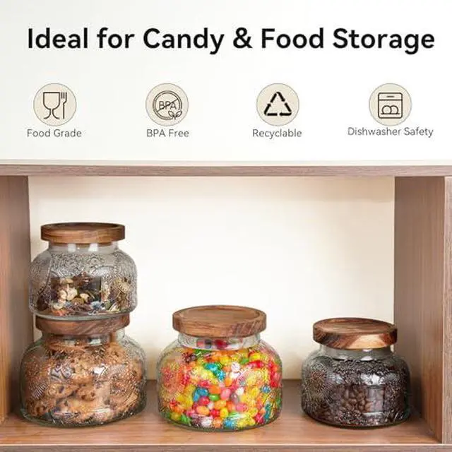 Alt view image 4 of 7 - 25 Oz Glass Candy Jar with Wooden Lid - Vintage Airtight Food Storage Container for Kitchen Pantry Office Decor, Clear Cookies Canister Organize Coffee Sugar Tea Spice Nuts Snacks