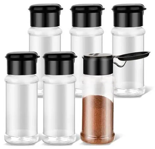 Main image of 6 Pcs Plastic Spice Jars with Shaker Lids, 3 oz (Black Lid) | Clear Seasoning Containers, for Spice Rack, Drawer, Cabinet Storage