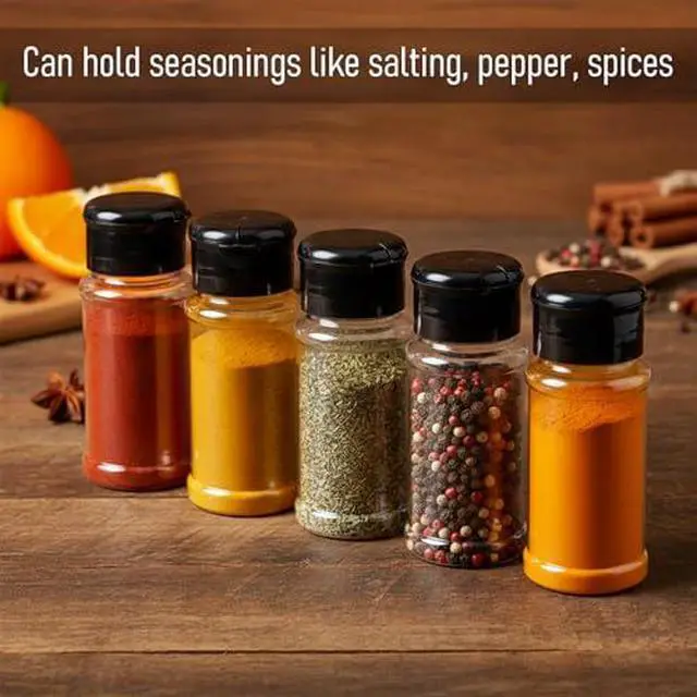 Alt view image 6 of 7 - 6 Pcs Plastic Spice Jars with Shaker Lids, 3 oz (Black Lid) | Clear Seasoning Containers, for Spice Rack, Drawer, Cabinet Storage