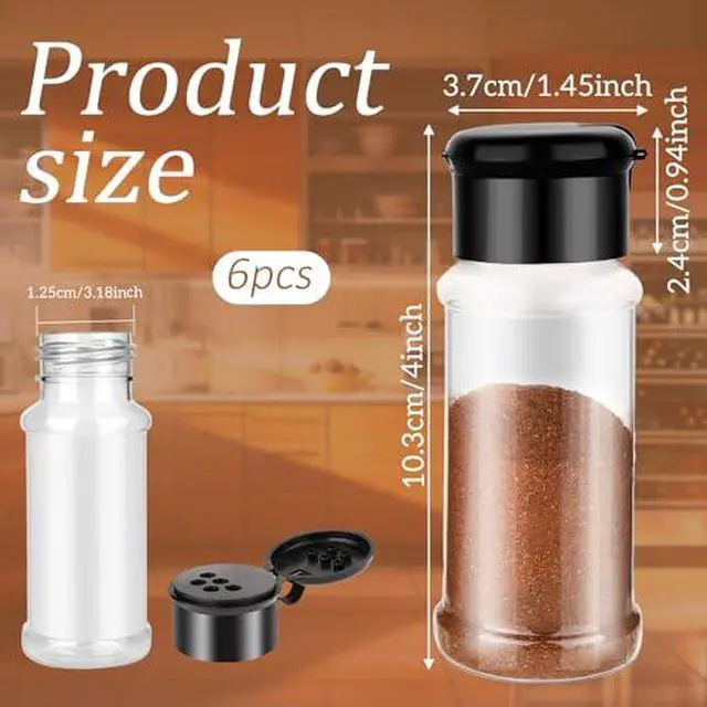 Alt view image 2 of 7 - 6 Pcs Plastic Spice Jars with Shaker Lids, 3 oz (Black Lid) | Clear Seasoning Containers, for Spice Rack, Drawer, Cabinet Storage