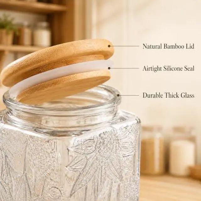 Alt view image 4 of 7 - Vintage Glass Jar, 25.3 FL OZ Food Storage Container, Square Glass Jar with Lid, Decorative Jar for Home Kitchen Coffee, Tea, Candy, Sugar Jar (Square Sunflower)