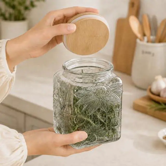 Alt view image 3 of 7 - Vintage Glass Jar, 25.3 FL OZ Food Storage Container, Square Glass Jar with Lid, Decorative Jar for Home Kitchen Coffee, Tea, Candy, Sugar Jar (Square Sunflower)
